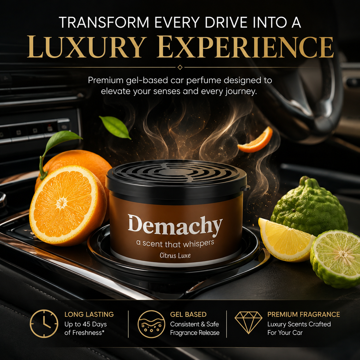 Demachy Citrus Luxe Car Gel Perfume — best car perfume for Indian summer